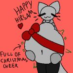 1:1 2023 4-bit :3 aliasing ambiguous_anthro ambiguous_gender ambiguous_pred ambiguous_prey anthro anthro_pred belly belly_squish big_belly biped black_clothing black_legwear black_text bow_ribbon christmas closed_smile clothed clothed_ambiguous clothed_anthro clothing contextual_arrow digestion digital_drawing_(artwork) digital_media_(artwork) directional_arrow domestic_cat ears_up emily_(tcsrjx) english_description english_text exposed_belly eyes_closed felid feline felis female_(lore) flat_colors floating_whiskers front_view full_of_milk/soup_(meme) fully_inside fur gift_bow grey_belly grey_body grey_clothing grey_ears grey_face grey_fur grey_neck grey_sweater grey_tail grey_topwear hand_on_belly hand_on_own_belly hands_on_belly hands_on_own_belly heart_reaction heart_symbol hi_res holding_belly holiday_message holidays huge_belly legs_together legwear long_sleeves looking_well-fed mammal monotone_background monotone_belly monotone_body monotone_bow monotone_clothing monotone_face monotone_fur monotone_legwear monotone_neck monotone_ribbon monotone_sweater monotone_tail monotone_topwear mouth_closed navel noseless portrait prick_ears red_background red_heart red_ribbon ribbon_around_belly same_size_vore simple_background sleeves_past_wrists smile soft_vore solo squish sweater tail tcsrjx text three-quarter_portrait topwear unseen_prey vore