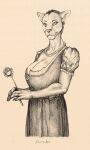  3:5 anthro cougar cross-hatching diorionarh dirndl felid feline female gem hatching_(art) hi_res holding_object jewelry mammal mature_female necklace pearl_(gem) pearl_necklace shaded solo 