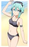  1girl aqua_hair arm_strap bangs bare_arms bikini blue_eyes breasts cleavage collarbone cowboy_shot grey_bikini groin hair_between_eyes hair_ornament hairclip medium_breasts navel satoumizu_(j5xsyd9jk) shiny shiny_hair short_hair_with_long_locks sideboob sinon solo sports_bikini standing swimsuit sword_art_online 