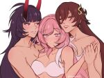  aurora_(aurawra21) bangs bare_shoulders blush bra breasts closed_mouth collarbone earrings eden_(honkai_impact) elysia_(honkai_impact) elysia_(miss_pink_elf)_(honkai_impact) english_commentary hair_between_eyes highres honkai_(series) honkai_impact_3rd horns hug jewelry long_hair looking_at_viewer nude open_mouth orange_eyes pink_hair purple_hair raiden_mei raiden_mei_(herrscher_of_thunder) red_lips simple_background smile teeth twitter_username underwear upper_body white_background white_bra yuri 