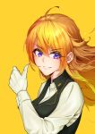  1girl ahoge bangs black_vest blonde_hair dress_shirt floating_hair gloves grin hair_between_eyes highres hsbhs long_hair long_sleeves looking_at_viewer purple_eyes rwby shiny shiny_hair shirt simple_background smile solo straight_hair upper_body vest white_gloves white_shirt yang_xiao_long yellow_background 