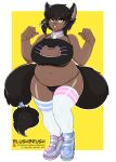 absurd_res animal_humanoid anthro bangs belly belly_overhang big_belly big_butt big_tail black_hair blushbrush bra breasts brown_body brown_skin bulge butt character_d&#039;shuki cleavage cleavage_cutout clothed clothing collar curvy_figure dark_body dark_skin fangs felid felid_humanoid female fluffy footwear glistening glistening_body glistening_eyes hair hi_res humanoid inner_ear_fluff legwear lingerie mammal mammal_humanoid navel shoes simple_background smile sneakers solo tail_tuft thick_thighs thigh_highs tuft underwear voluptuous wide_hips 