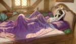  2girls bed bed_sheet bedroom blanket breasts closed_eyes cptpopcorn fantasy implied_cunnilingus implied_sex indoors long_hair lying multiple_girls nipples nude on_bed original pillow pointy_ears small_breasts smile under_covers watermark 