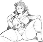  2022 amphibian amphibian_humanoid animal_humanoid bedroom_eyes big_breasts bottomless breasts cleavage clothed clothing female genitals hi_res humanoid legwear looking_at_viewer lurkin monochrome narrowed_eyes pussy seductive simple_background solo thigh_highs 