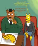  angus_delaney anthro belly canid canine duo english_text food fox gregg_lee hi_res male mammal moobs night_in_the_woods overweight overweight_male pizza romantic romantic_couple stuffing text thick_arms ursid video_games 