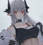  1girl arknights bare_shoulders breasts collar collarbone earrings grey_hair highres horns infection_monitor_(arknights) jewelry large_breasts long_hair looking_at_viewer mudrock_(arknights) oripathy_lesion_(arknights) parted_lips pointy_ears red_eyes simple_background solo sports_bra upper_body uyuu_(hirameki) very_long_hair white_background 