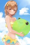  1girl absurdres ball bangs beachball bikini bikini_skirt blue_sky blush braid breasts brown_eyes brown_hair cloud collarbone commentary_request day frilled_bikini frills gekota hair_between_eyes highres himaneko. holding holding_ball holding_beachball looking_at_viewer misaka_mikoto navel short_hair sky small_breasts solo starfish_hair_ornament sunlight swimsuit toaru_kagaku_no_railgun toaru_majutsu_no_index wet yellow_bikini 