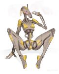  2022 battle_droid blush breasts droid female grey_body hi_res humanoid johnfoxart machine multicolored_body not_furry robot simple_background solo star_wars two_tone_body white_background yellow_body 