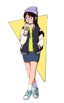  1girl 49s-aragon aqua_footwear backpack bag bangs beanie black_hair drink drinking drinking_straw full_body glasses hat jacket long_hair long_sleeves original pencil_skirt purple_headwear shirt shoes skirt solo standing triangle yellow_shirt 