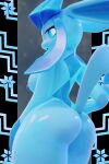  2:3 3d_(artwork) anthro big_butt blue_body blue_eyes blue_nipples breasts butt canid canine digital_media_(artwork) eeveelution erect_nipples female generation_1_pokemon generation_2_pokemon generation_4_pokemon geodat64 glaceon hair hand_on_hip hi_res looking_at_viewer mammal nintendo nipples nude open_mouth pokemon pokemon_(species) presenting presenting_hindquarters rear_view simple_background solo standing thick_thighs video_games wide_hips 