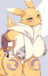  2022 absurd_res anthro bandai_namco big_breasts blush bodily_fluids breasts clothing cross-popping_vein digimon digimon_(species) female fur ginko0101 hi_res huge_breasts looking_at_viewer renamon solo sweat sweatdrop underwear white_body white_fur yellow_body yellow_fur 