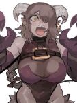  1girl 33dot animal_ears blonde_hair body_freckles breasts brown_hair freckles gloves goat_horns goat_tail hair_over_one_eye highres holding horizontal_pupils horns jewelry jingle_bell_earrings krampus_(33dot) large_breasts long_hair long_sleeves looking_at_viewer open_mouth original short_hair signpost simple_background solo spoken_expression tail underwear white_background yellow_eyes 