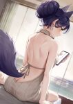  1girl absurdres animal_ears backless_outfit bare_arms bare_back bare_shoulders barefoot blurry blush breasts brown_sweater butt_crack cellphone depth_of_field dutch_angle earrings feet_out_of_frame fox_ears fox_girl fox_tail hair_bun hair_up halterneck highres holding holding_phone ihachisu indoors jewelry long_hair looking_at_phone median_furrow medium_breasts meme_attire meridian_project naked_sweater phone purple_hair purple_tail ribbed_sweater seki_(vtuber) shoulder_blades sitting smartphone solo sweater tail virgin_killer_sweater window yokozuwari 
