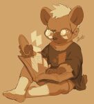  1boy aged_down astrolabe black_shirt blonde_hair book book_on_lap claws commentary_request dog_nose fang furry furry_male fuyodo glasses grey_fur grey_pants hand_on_book highres holding hyena_boy hyena_ears hyena_tail live_a_hero looking_at_viewer male_focus monochrome open_book oversized_clothes pants roiker_(live_a_hero) shirt signature sitting socks spotted_fur star_(symbol) star_print white_socks 