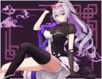  1girl asymmetrical_gloves black_gloves breasts bronya_zaychik bronya_zaychik_(silverwing:_n-ex) china_dress chinese_clothes cleavage dress drill_hair eyewear_on_head gloves grey_eyes grey_hair highres holding holding_eyewear honkai_(series) honkai_impact_3rd invisible_chair large_breasts long_hair looking_at_viewer mismatched_gloves parted_lips purple_background shiratama_(srtm_on) sitting solo sunglasses twin_drills 