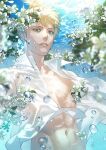  1boy adam_fox akakokko_(niro_azarashi) birdmen blonde_hair collarbone earrings flower in_water jewelry looking_at_viewer male_focus navel open_clothes open_mouth open_shirt shirt short_hair submerged white_shirt 