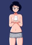  1girl 49s-aragon bangs black_hair blue_background breasts brown_eyes cowboy_shot freckles glasses holding looking_to_the_side navel original short_hair simple_background small_breasts solo topless underwear 
