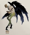  1boy armband bag bag_over_head bird_boy black_armband black_wings blue_shirt carrying clipboard coat commentary_request faust_(guilty_gear) feathered_wings green_pants guilty_gear guilty_gear_xrd highres holding holding_clipboard holding_pen hunched_over korean_commentary male_focus object_on_head one_eye_covered pants paper_bag pen shirt solo talons white_coat wings yeji36 