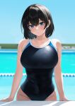  1girl bangs bare_arms bare_shoulders bburi black_hair black_sweater blue_sweater blurry blurry_background blush breasts closed_mouth collarbone cowboy_shot day groin hair_between_eyes highres large_breasts medium_hair one-piece_swimsuit original outdoors pool purple_eyes shiny shiny_clothes shiny_hair sweater swimsuit two-tone_swimsuit wet 