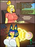  absurd_res al_gx animal_crossing ankha_(animal_crossing) anthro big_breasts black_nose breasts canid canine canis chair clothed clothing comic dialogue domestic_cat domestic_dog english_text felid feline felis female fur furniture gun hair hi_res hypnosis hypnotic_device isabelle_(animal_crossing) mammal microphone mind_control nintendo ranged_weapon shih_tzu short_hair spiral text toy_dog video_games weapon yellow_body yellow_fur 