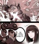  1boy 1girl absurdres altronage armored_trooper blunt_bangs chirico_cuvie explosion fiana firing greyscale gun hair_behind_ear helmet highres holding holding_gun holding_weapon looking_ahead looking_at_viewer mecha missile_pod monochrome motion_lines parted_lips radio_antenna robot science_fiction scopedog soukou_kihei_votoms v-shaped_eyebrows weapon 