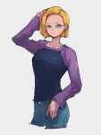  1girl android_18 black_shirt blonde_hair blue_eyes blue_pants closed_mouth denim dragon_ball dragon_ball_z earrings grey_background jeans jewelry kemachiku long_sleeves looking_at_viewer pants purple_shirt purple_sleeves shirt short_hair simple_background solo two-tone_shirt 