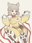  1girl :d animal_ears bangs blunt_bangs blunz bodysuit breasts cat_ears facial_mark fangs gloves grey_hair highres looking_at_viewer nia_(xenoblade) scarf short_hair simple_background small_breasts smile solo twintails white_gloves xenoblade_chronicles_(series) xenoblade_chronicles_2 yellow_bodysuit yellow_eyes 