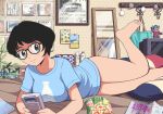  1girl 49s-aragon barefoot bed black-framed_eyewear black_hair blue_eyes blue_shirt blush bottomless breasts closed_mouth feet glasses indoors legs looking_at_viewer medium_breasts on_bed original shirt short_hair short_sleeves smile solo toes 
