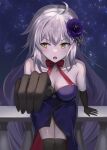  1girl absurdres ahoge bare_shoulders black_flower black_gloves black_thighhighs blush breasts cleavage collarbone commentary_request dress elbow_gloves fate/grand_order fate_(series) flower formal gloves grey_hair hair_between_eyes hair_flower hair_ornament highres jeanne_d'arc_alter_(fate) large_breasts long_hair looking_to_the_side official_alternate_costume purple_dress reaching reaching_towards_viewer sitting solo strapless strapless_dress thighhighs very_long_hair yellow_eyes yuyuenimo 