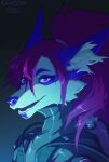  2022 anthro blue_body blue_fur blue_nose breasts canid canine clothed clothing digital_media_(artwork) eyebrows eyelashes female fur hair inner_ear_fluff mammal open_mouth purple_eyes purple_hair ravoilie simple_background smiel smile teeth tongue tuft 