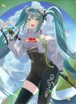  1girl absurdres aqua_eyes aqua_hair black_bodysuit black_thighhighs blue_sky bodysuit cloud collared_shirt commentary_request cowboy_shot crop_top fang goodsmile_racing hatsune_miku highres holding jacket korean_commentary looking_at_viewer lussahyoxeyy1ov open_clothes open_jacket open_mouth racing_miku racing_miku_(2022) shiny shiny_hair shirt sidelocks single_thighhigh sky smile solo standing thighhighs twintails vocaloid white_jacket white_shirt 