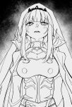  1girl bangs belt breasts cape cleavage cleavage_cutout clothing_cutout dress greyscale highres hololive hololive_english long_hair longlong_(drasdr7513) looking_at_viewer medium_breasts monochrome mori_calliope open_mouth solo spiked_cape straight-on tiara upper_body veil virtual_youtuber 