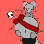 1:1 2023 4-bit after_vore airborne_bone airborne_object airborne_skull aliasing ambiguous_anthro ambiguous_gender ambiguous_pred ambiguous_prey anthro anthro_pred belly belly_squish big_belly biped black_clothing black_legwear black_text bone bone_disposal bow_ribbon burping burping_up_bones burping_up_object burping_up_skull clothed clothed_ambiguous clothed_anthro clothing contextual_arrow death digestion digital_drawing_(artwork) digital_media_(artwork) directional_arrow domestic_cat ears_up ellipsis emily_(tcsrjx) english_description exposed_belly eyes_closed fatal_vore felid feline felis female_(lore) flat_colors floating_whiskers front_view fully_inside fur gift_bow green_text grey_belly grey_body grey_clothing grey_ears grey_face grey_fur grey_neck grey_sweater grey_tail grey_topwear hand_on_belly hand_on_own_belly hands_on_belly hands_on_own_belly hi_res holding_belly huge_belly legs_together legwear long_sleeves mammal monotone_background monotone_belly monotone_body monotone_bow monotone_clothing monotone_face monotone_fur monotone_legwear monotone_neck monotone_ribbon monotone_sweater monotone_tail monotone_topwear motion_lines navel noseless onomatopoeia open_mouth path_lines portrait prick_ears red_background red_ribbon regurgitation ribbon_around_belly same_size_vore simple_background skull sleeves_past_wrists soft_vore solo sound_effects squish sweater tail tcsrjx text three-quarter_portrait topwear unseen_prey vore