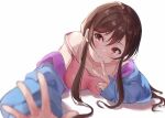  1girl bangs blue_jacket breasts brown_eyes brown_hair collarbone fingerless_gloves gloves hair_between_eyes highres jacket kanojo_okarishimasu large_breasts long_hair looking_at_viewer lying mizuhara_chizuru on_stomach pink_shirt raikun_raikun reaching_towards_viewer shirt sleeveless sleeveless_shirt smile solo upper_body v 