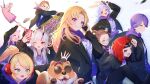  6+girls absurdres akai_haato aki_rosenthal anya_melfissa bilingual_commentary black_jacket blonde_hair brown_hair delinger dog hair_slicked_back hakos_baelz hakui_koyori hand_in_pocket headphones highres hololive_grand_theft_auto hood hooded_jacket hoodie jacket long_sleeves looking_at_viewer mixed-language_commentary multiple_girls nakiri_ayame nanashi_mumei nemu_iine purple_eyes purple_hair purple_hoodie tokoyami_towa usada_pekora 