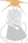  1boy absurdres alternate_costume animal black_skirt breasts cowboy_shot dark_souls_(series) dark_souls_i dark_sun_gwyndolin dress dress_shirt gold_headwear grey_hair highres long_sleeves medium_breasts okaka_(ryuuketsu_san) shirt short_hair simple_background skirt snake solo spiked_helmet 