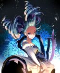  1girl artist_name bangs black_bow black_dress bow breasts chiinyan closed_mouth cowboy_shot detached_sleeves dress drill_hair floating_hair flower green_hair grey_dress gwen_(league_of_legends) hair_bow hair_up highres juliet_sleeves large_bow league_of_legends long_hair long_sleeves puffy_sleeves serious solo twin_drills twintails water_drop 