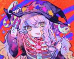  1girl bangs blush candy closed_mouth cookie curly_hair food frown ghost halloween hat kiato lollipop long_hair orange_eyes original purple_hair solo tongue tongue_out upper_body witch witch_hat 