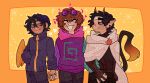  3boys absurdres black_gloves black_nails black_pants black_shirt blue_jacket blush border brown_eyes brown_hair cape closed_eyes closed_mouth colored_tips commentary cowboy_shot dark_skin demon_horns dream_smp earrings english_commentary eyewear_on_head feathered_wings fire_ornament gloves green_hoodie hand_in_pocket headband heart highres holding_hands hood hoodie horns interracial jacket jewelry karl_jacobs lazulirony long_sleeves looking_at_another looking_at_viewer male_focus minecraft_youtube multicolored_clothes multicolored_hair multicolored_hoodie multiple_boys open_mouth orange_border pants pink_hair pink_hoodie pointy_ears purple_hoodie quackity round_eyewear sapnap scribble shirt short_hair smile standing tail white_cape white_headband wings x yaoi yellow_background yellow_wings 