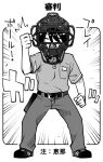  1girl belt catcher's_mask clenched_hands commentary_request full_body greyscale keke_(user_zech7732) monochrome open_mouth pants polo_shirt saitou_ena shoes short_hair smile sneakers solo translation_request umpire yurucamp 