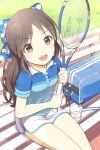  1girl :d bag bench blue_bow blue_shirt bow brown_eyes brown_hair collarbone day dolphin_shorts drinking_straw hair_bow holding idolmaster idolmaster_cinderella_girls long_hair open_mouth outdoors print_bow racket shiny shiny_hair shirt short_shorts short_sleeves shorts sitting smile solo sportswear sunlight tachibana_arisu tennis_racket tennis_uniform white_shorts yama_tatsuo 