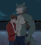  abs anthro beastars blush canid canine canis clothed clothing duo hi_res human legoshi_(beastars) male male/male mammal muscle_worship muscular muscular_male pecs tommysamash topless wolf 