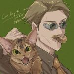  1boy 2021 animal_on_shoulder blonde_hair blue_eyes brown_shirt cat cat_day cat_on_shoulder collared_shirt dated english_text goggles green_background green_eyes jujutsu_kaisen looking_at_viewer male_focus nanami_kento nekoyanaginekoko open_mouth shirt short_hair solo twitter_username 