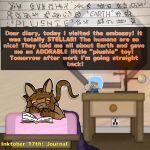 anthro constructed_language dialogue_box diary female fictional_language handwritten_text hi_res inktober inktober_2024 journal mammal plushie raila_(nopov) relyt2442 simple_background solo tail text the_nature_of_predators toony venlil_(the_nature_of_predators)