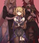  3girls :d aponia_(honkai_impact) asymmetrical_gloves bare_shoulders black_dress black_gloves black_nails blonde_hair blush bow bowtie breasts cleavage closed_mouth company_connection dress eden_(honkai_impact) elbow_gloves eyepatch fischl_(genshin_impact) genshin_impact gloves green_eyes grin highres honkai_(series) honkai_impact_3rd large_breasts long_hair long_sleeves looking_at_viewer mihoyo mismatched_gloves multiple_girls nail_polish nun own_hands_together pink_background power_connection purple_bow purple_bowtie purple_dress purple_hair shiratama_(srtm_on) signature simple_background smile straight-on teeth twintails veil 