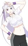  1girl :d alternate_costume bangs black_pants blunt_bangs breasts collarbone cowboy_shot crop_top emilia_(re:zero) flower hair_flower hair_ornament hair_ribbon hand_on_hip leaning_to_the_side long_hair medium_breasts midriff navel open_mouth pants purple_eyes purple_ribbon re:zero_kara_hajimeru_isekai_seikatsu ribbon see-through_silhouette shirt short_sleeves simple_background sinigami0612 smile solo sportswear standing stomach very_long_hair white_background white_flower white_hair white_shirt wristband 