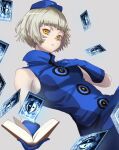  1girl bare_shoulders blue_dress blue_gloves blue_headwear book breasts cowboy_shot cut_bangs dress elizabeth_(persona) from_below gloves hand_on_own_chest hat highres holding holding_book looking_at_viewer parted_lips persona persona_3 s-m-53413 short_hair small_breasts solo tarot yellow_eyes 