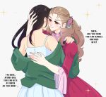  2girls black_hair blue_dress brown_hair commentary_request dress english_commentary english_text fang flower glass_no_kamen green_shirt hair_flower hair_ornament hand_on_another's_back hand_on_another's_head hand_on_another's_shoulder highres himekawa_ayumi kitajima_maya laura_(wisteriamemory_) long_hair long_sleeves mixed-language_commentary multiple_girls off_shoulder pink_dress pink_eyes pink_flower shirt smile sparkle vampire yuri 