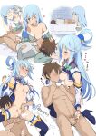  1boy 1girl anal_fingering aqua_(konosuba) aqua_hair bare_shoulders blue_eyes blush boots breast_sucking breasts closed_eyes clothed_female_nude_male clothes_down clothes_lift commentary_request cum detached_sleeves erection faceless faceless_male female_ejaculation fingering handjob headpat heart hetero highres implied_masturbation kono_subarashii_sekai_ni_shukufuku_wo! lap_pillow long_hair male_pubic_hair medium_breasts multiple_views nipples nude nursing_handjob one_breast_out one_eye_closed penis ponytail pubic_hair satou_kazuma seidenki6 shirt_lift single_hair_ring thigh_boots thighhighs twitching 