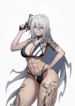  1girl :d abs bangs bikini black_bikini borrowed_character breasts cero_(last2stage) cleavage commission contrapposto cowboy_shot grey_hair grin gun hair_between_eyes hand_on_hip highres holding holding_gun holding_weapon large_breasts leg_tattoo long_hair looking_at_viewer multi-strapped_bikini original parted_lips shoulder_tattoo simple_background smile snake_tattoo solo swimsuit tattoo thighs trigger_discipline very_long_hair weapon white_background yellow_eyes 